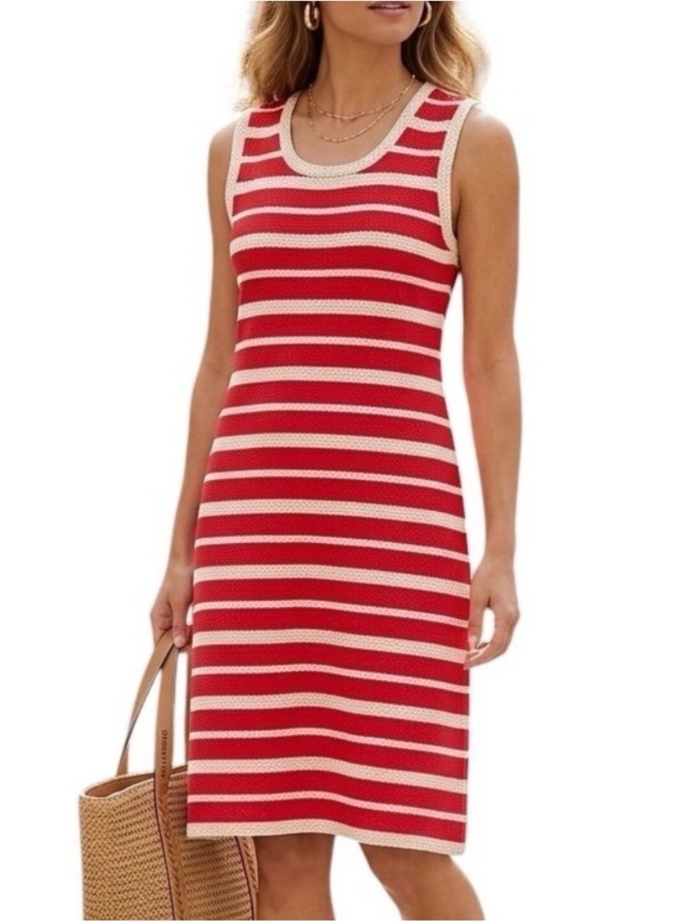 Max Studio Red and Cream Striped Sleeveless Midi Dress